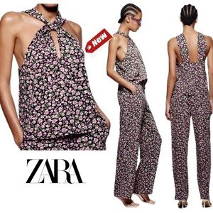 Zara purple green floral flower halter top peephole blouse top NWT